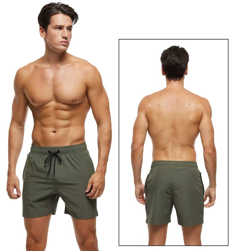 Tyhengta Men's Stretch Swim Trunks Quick Dry Beach Shorts with Zipper Pockets and Mesh Lining ArmyGreen 38 - Image 2